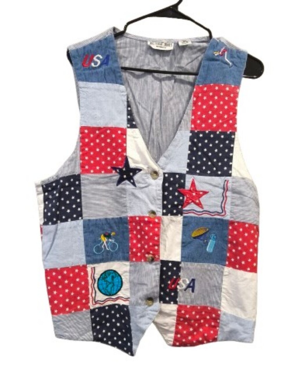 Vintage Victoria Jones Woman USA Patriotic Patchwork Vest Embroidered Americana